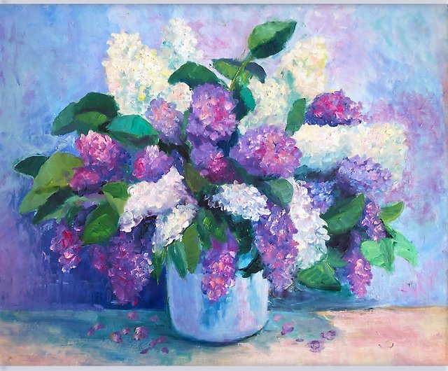 ライラック絵画、キャンバスにオリジナルの油絵、春の花、印象派