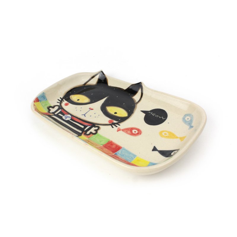 Nice Little Clay Square Plate Cute Cat 0302L-40 - จานและถาด - ดินเผา ขาว