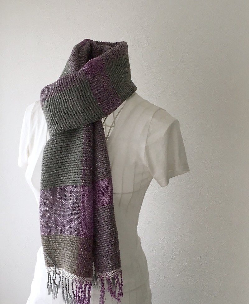 【ウール＆綿：秋冬】ユニセックス：手織りマフラー "Gray & Purple" - スカーフ - ウール グレー