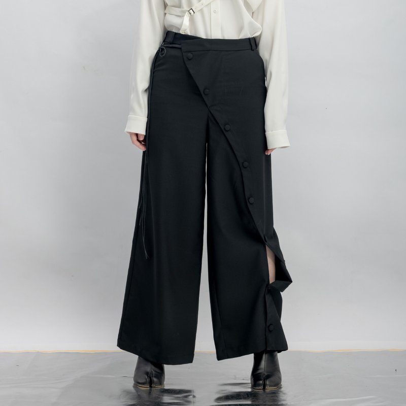 INF 不對稱單腿開岔綁帶印花寬褲 / 黑 - 男長褲/休閒褲 - 聚酯纖維 黑色