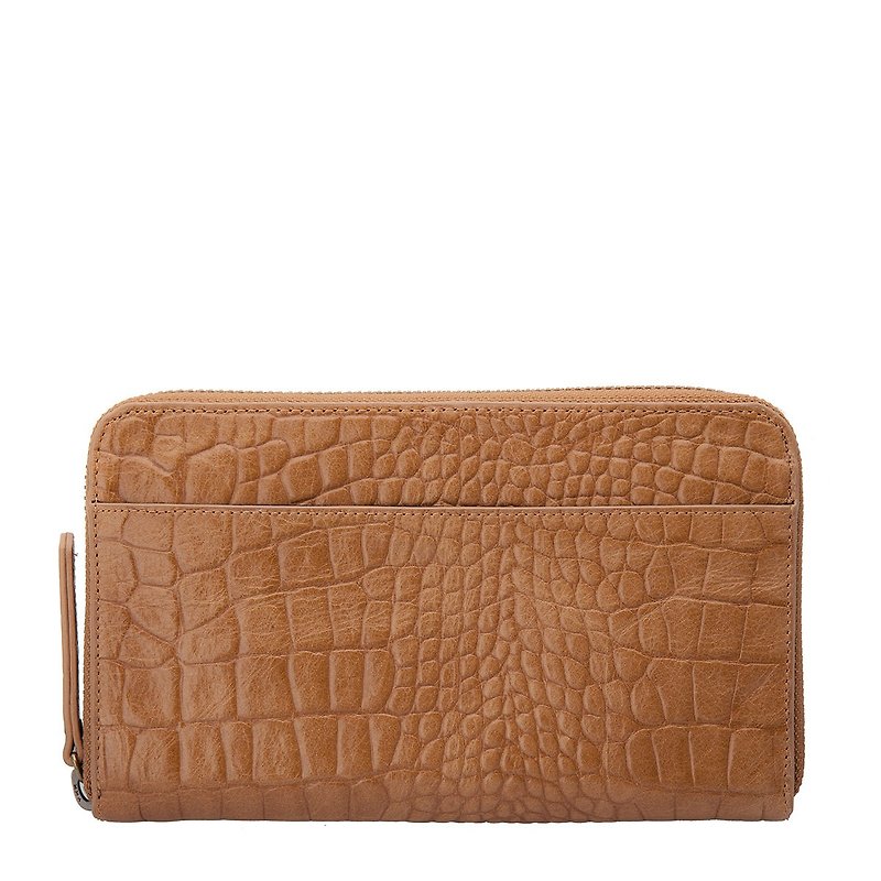 DELILAH Long Clip_Tan Croc Emboss / Camel Embossed Crocodile - Clutch Bags - Genuine Leather Brown