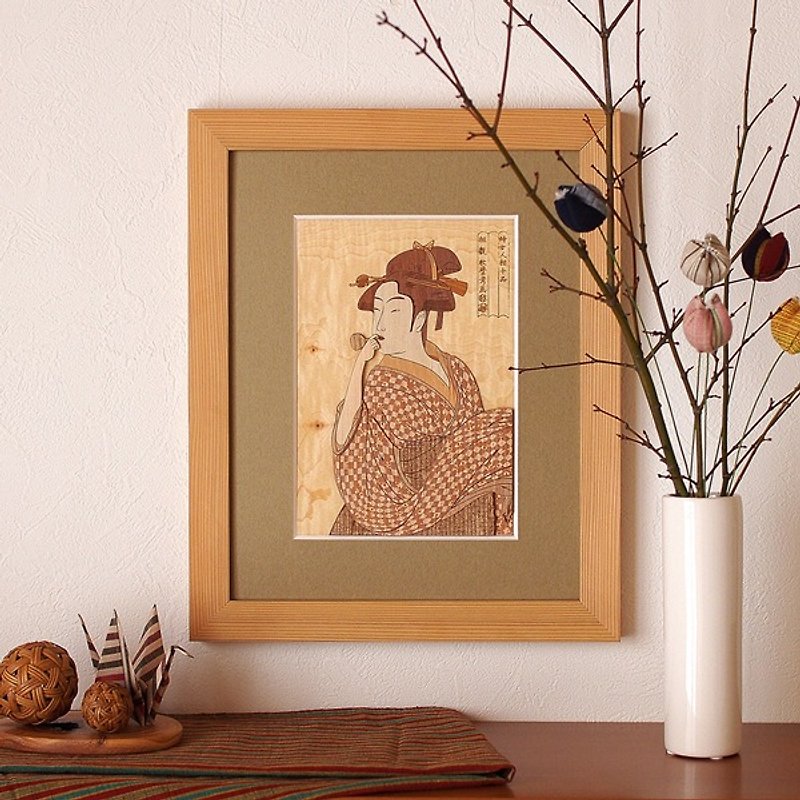 木はり絵「ポッペンを吹く娘」　日本製　木製　浮世絵　インテリア　アート　切り絵　貼り絵