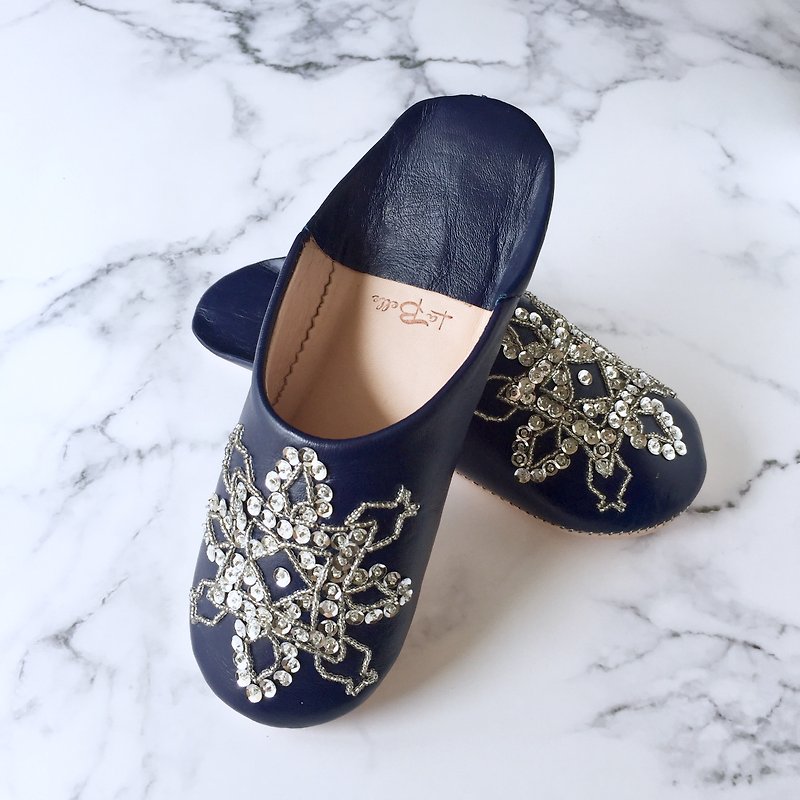 Hand-stitched embroidered refined baboosh rehana navy - Other - Genuine Leather Blue