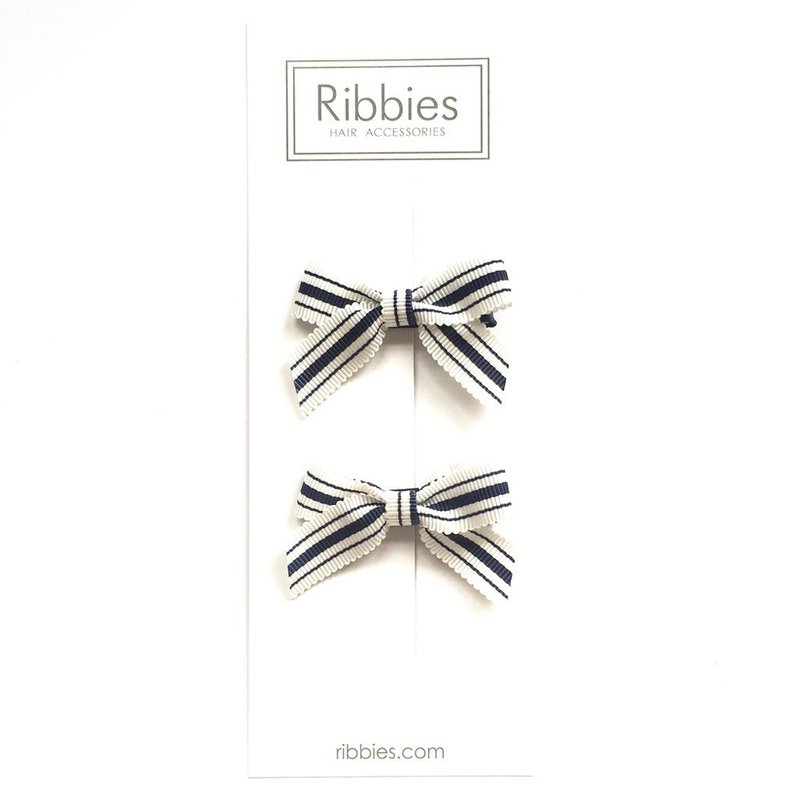 英國Ribbies 經典蝴蝶結2入組-藍白條紋B 髮飾 - 髮圈/髮夾 - 聚酯纖維 