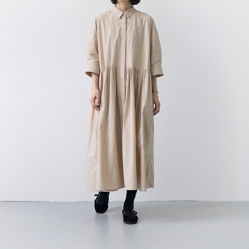 Salt-shrunk and sand-washed long-staple cotton shirt-collar long dress with full skirt - One Piece Dresses - Cotton & Hemp Khaki