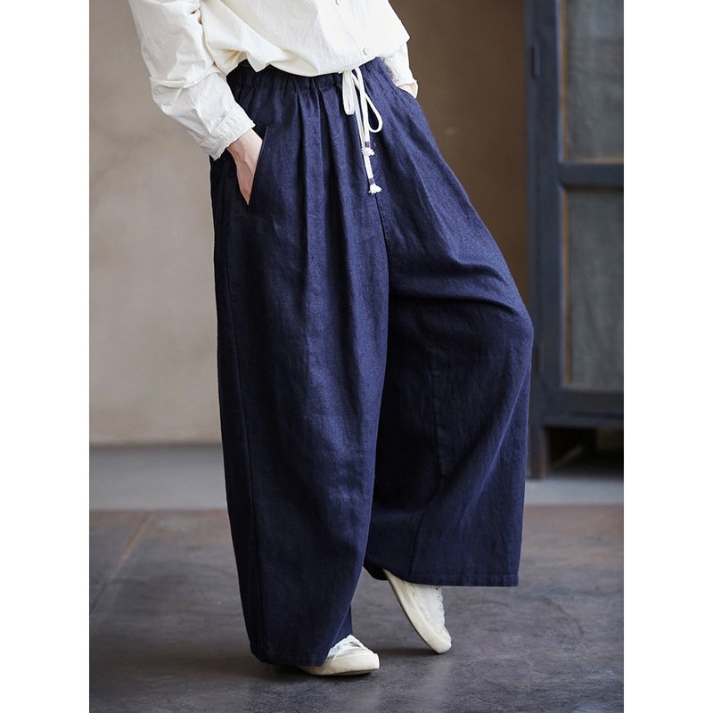 Navy blue linen casual loose plus size temperament carrot pants - Women's Pants - Cotton & Hemp 