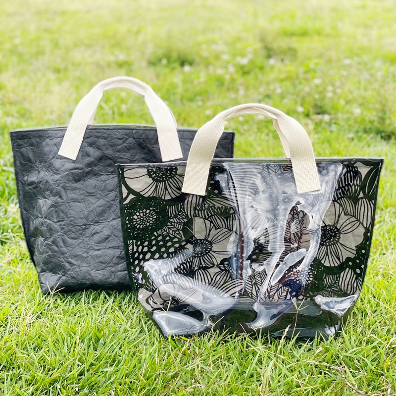 PVC clear sheet&tyvek / asymmetry tote  black×botanical ×(PVC)black - 手提包/手提袋 - 防水材質 黑色