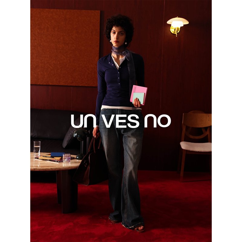 【フェイクレイヤードデザイン】Unvesno(UN)レディース ヘンリーネック モダールコットン ハーフプラケット長袖Tシャツ - Tシャツ - その他の素材 