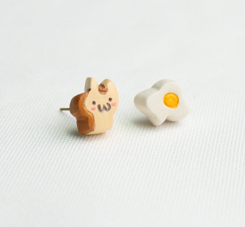 Handmade toast cat & poached egg  earrings - Earrings & Clip-ons - Clay Orange