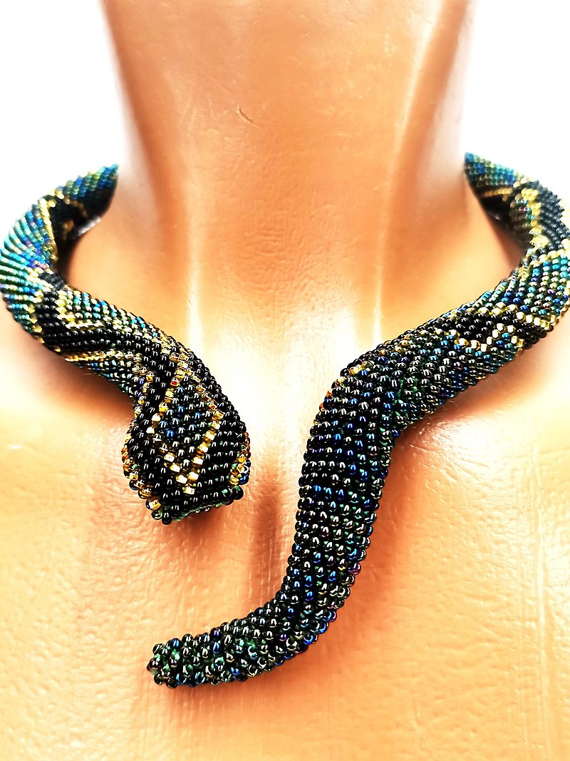 Blue Beaded Snake Necklace Ouroboros Choker - Necklaces - Glass Blue