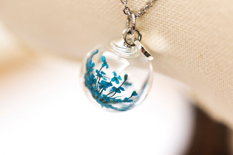 Blue Dill Flower in Glass Ball Stainless Steel Necklace - Necklaces - Glass Blue