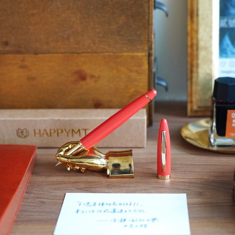 (Free customized engraving) HAPPYMT happy ball pen-coral red gold clip - ไส้ปากกาโรลเลอร์บอล - ทองแดงทองเหลือง สีส้ม