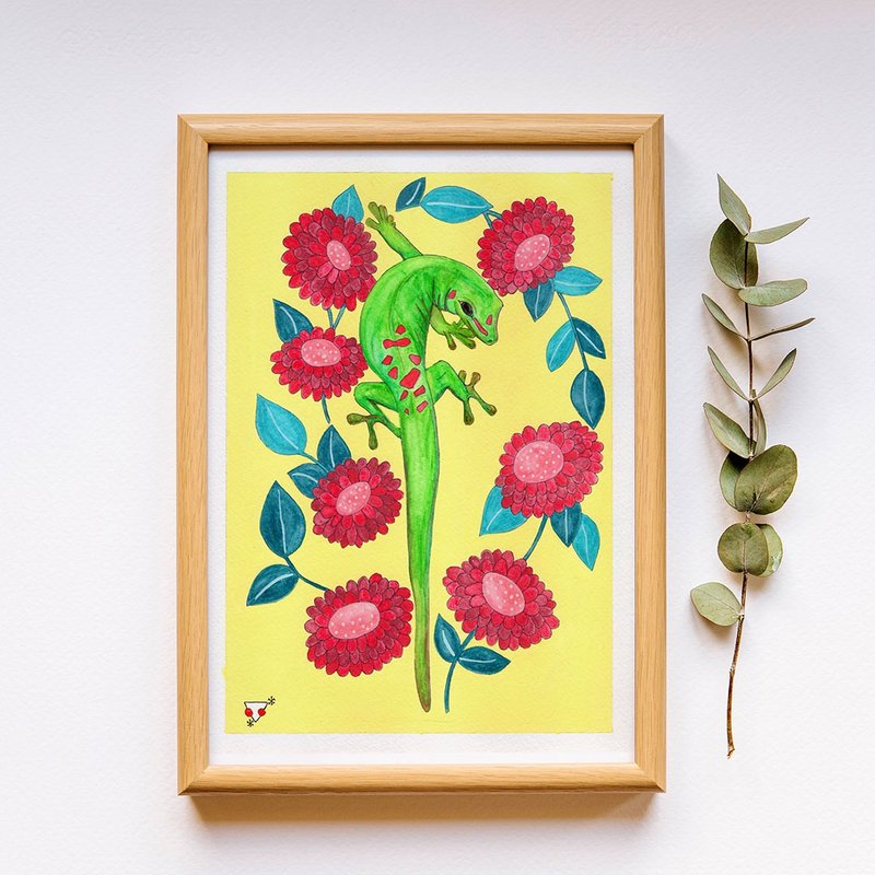 Original Painting // Green Gecko and Flowers - โปสเตอร์ - กระดาษ สีเขียว