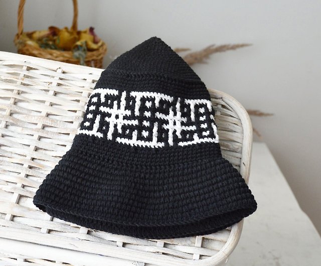 Crochet bucket hat hashtags print men and women. Knit hat black