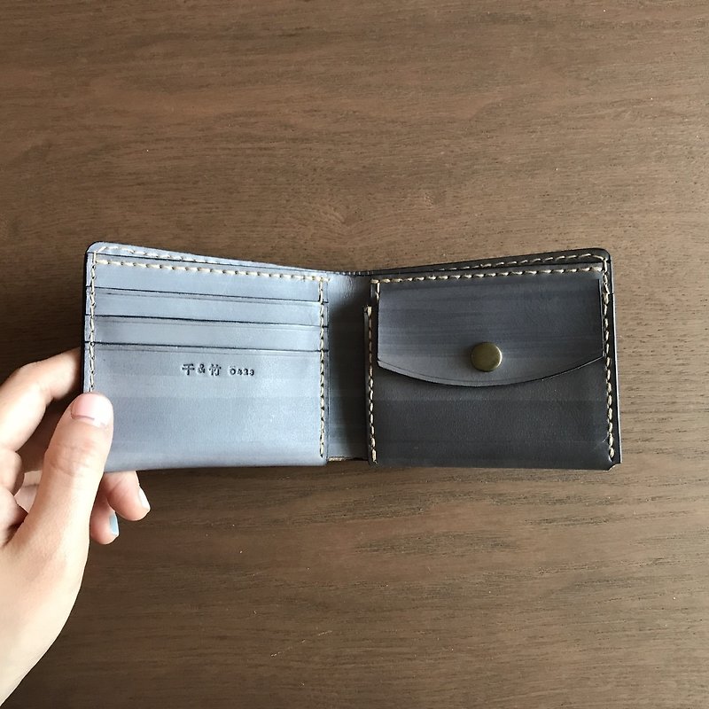 Leather short clip│handmade wallet│vegetable tanned leather│gray blue - Wallets - Genuine Leather Gray