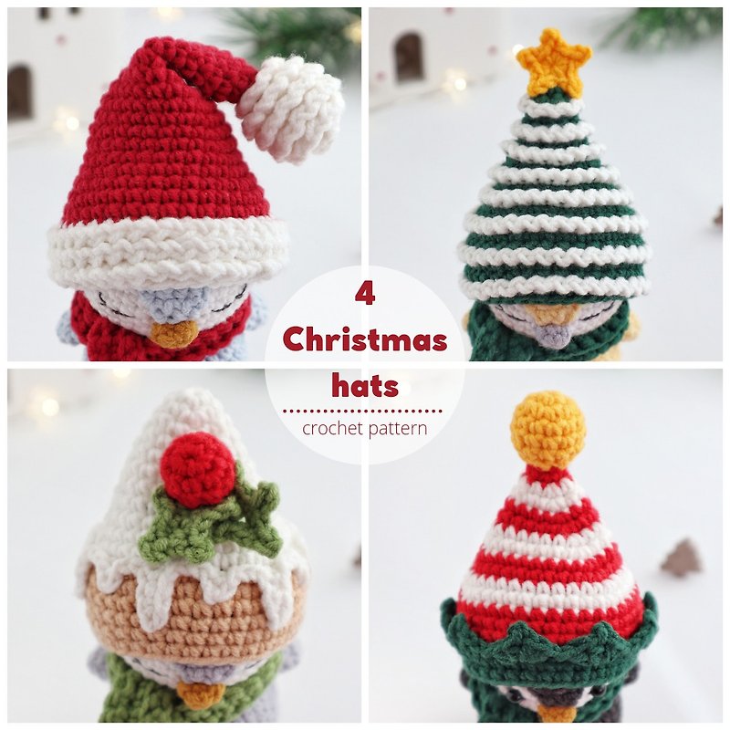 Other Materials Knitting, Embroidery, Felted Wool & Sewing - Crochet pattern Christmas mini hats: elf, pudding, santa and Christmas tree hats