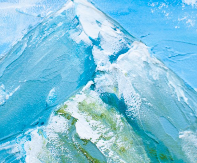 抽象的なオリジナルの山の小さな絵画、青、緑、白の色