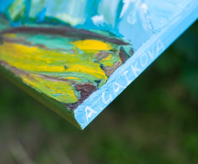 小さな絵画 抽象的なオリジナルの山の小さな絵画、青、緑、白の色