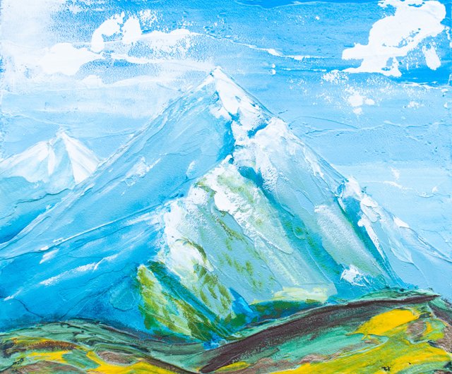 抽象的なオリジナルの山の小さな絵画、青、緑、白の色 - ショップ