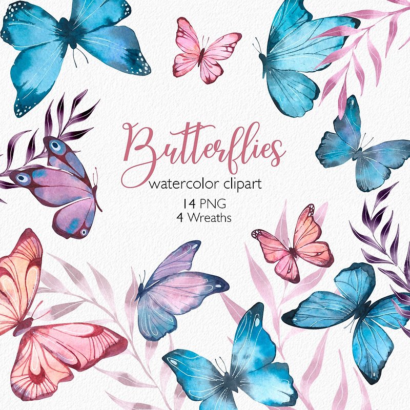Watercolor Pink and Blue Butterflies and Moths, Insect clipart - Illustration, Painting & Calligraphy - Other Materials 