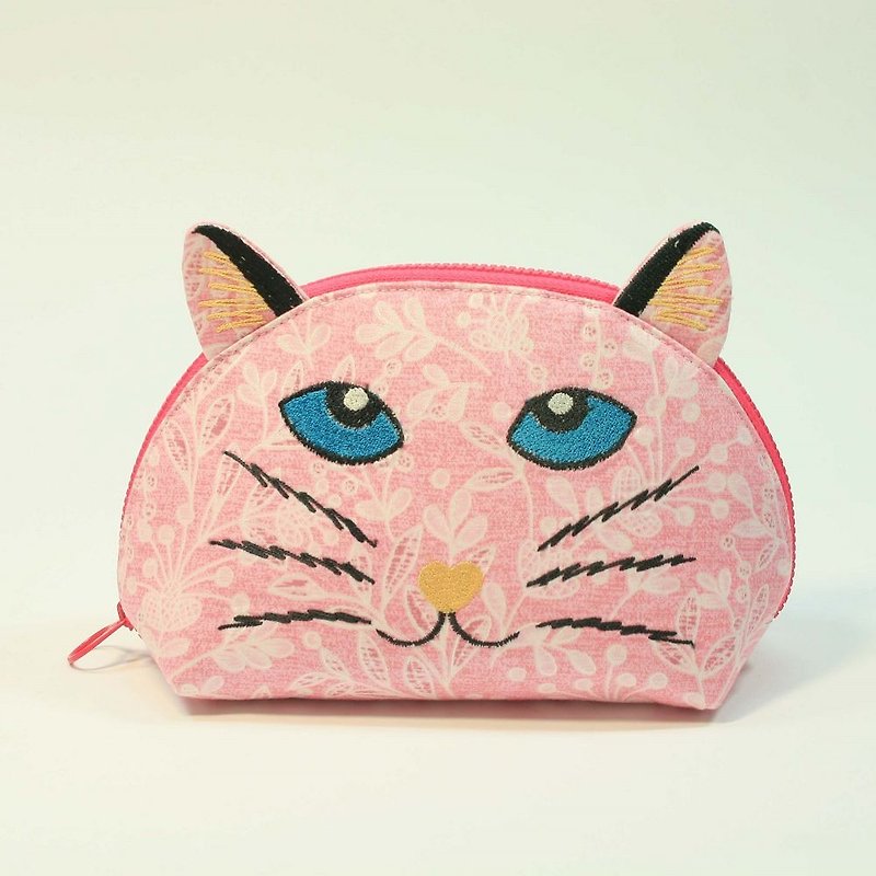 刺繍シェルコスメティックバッグ03  - 猫の頭 - ポーチ - コットン・麻 ピンク