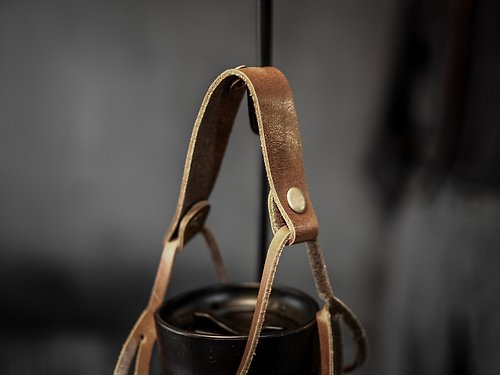 Leather Bottle Holder-Leather Drink Cup Holder Mesh Bag-Light Coffee