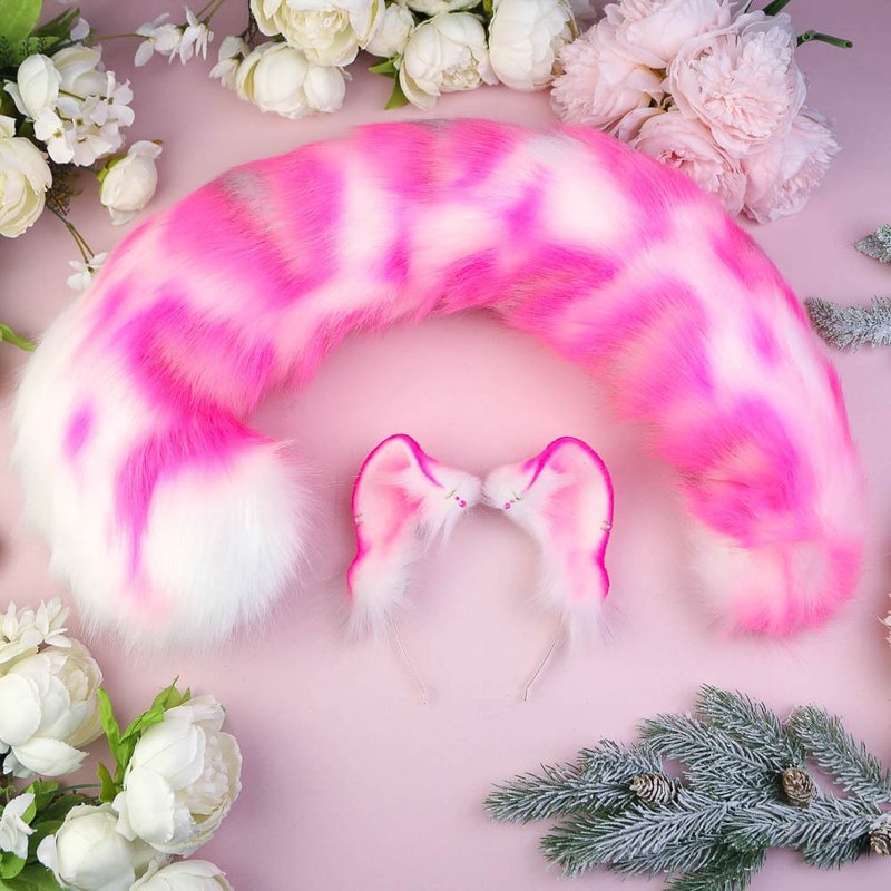Pink Snow Leopard Ears and Tail Set - 髮夾/髮圈 - 其他人造纖維 粉紅色