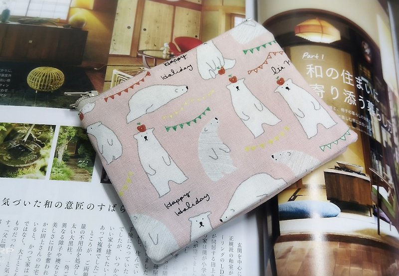 Pink polar bear double zipper wallet card package package bag - Coin Purses - Cotton & Hemp Pink
