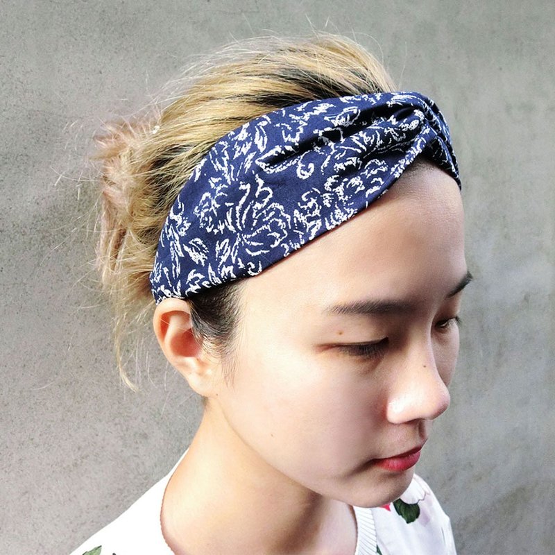 [Shell art] dark blue totem hair band - เครื่องประดับผม - ผ้าฝ้าย/ผ้าลินิน สีน้ำเงิน