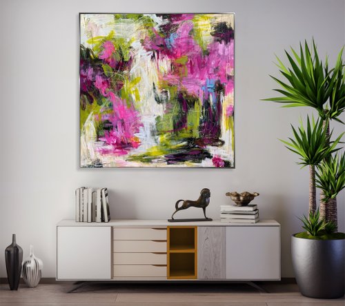 キャンバスに描かれた鮮やかな抽象表現主義の絵画 ダイナミックで