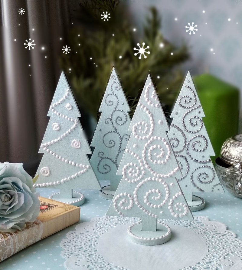 Mini christmas tree blue Small Christmas gift Tabletop christmas decorations - ของวางตกแต่ง - ไม้ สีน้ำเงิน