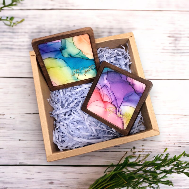 Alcohol Ink Art Walnut Square Coaster Gift Set (A) - Coasters - Other Materials Multicolor