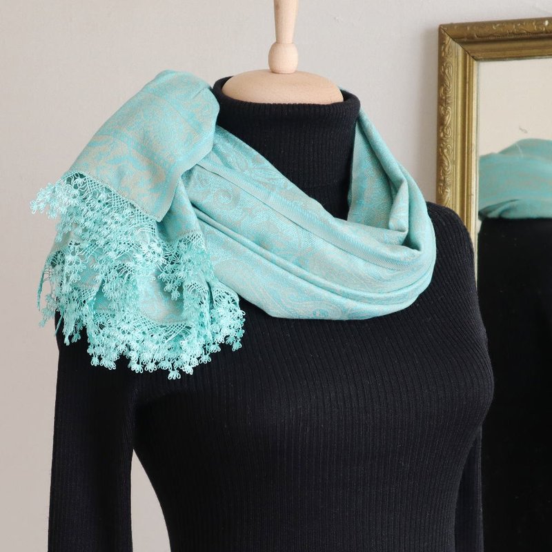 Made to order / PREMIUM OYA lace Thick cotton shawl  - Wisteria - Gold Turquase - ผ้าพันคอ - ไฟเบอร์อื่นๆ สีเขียว