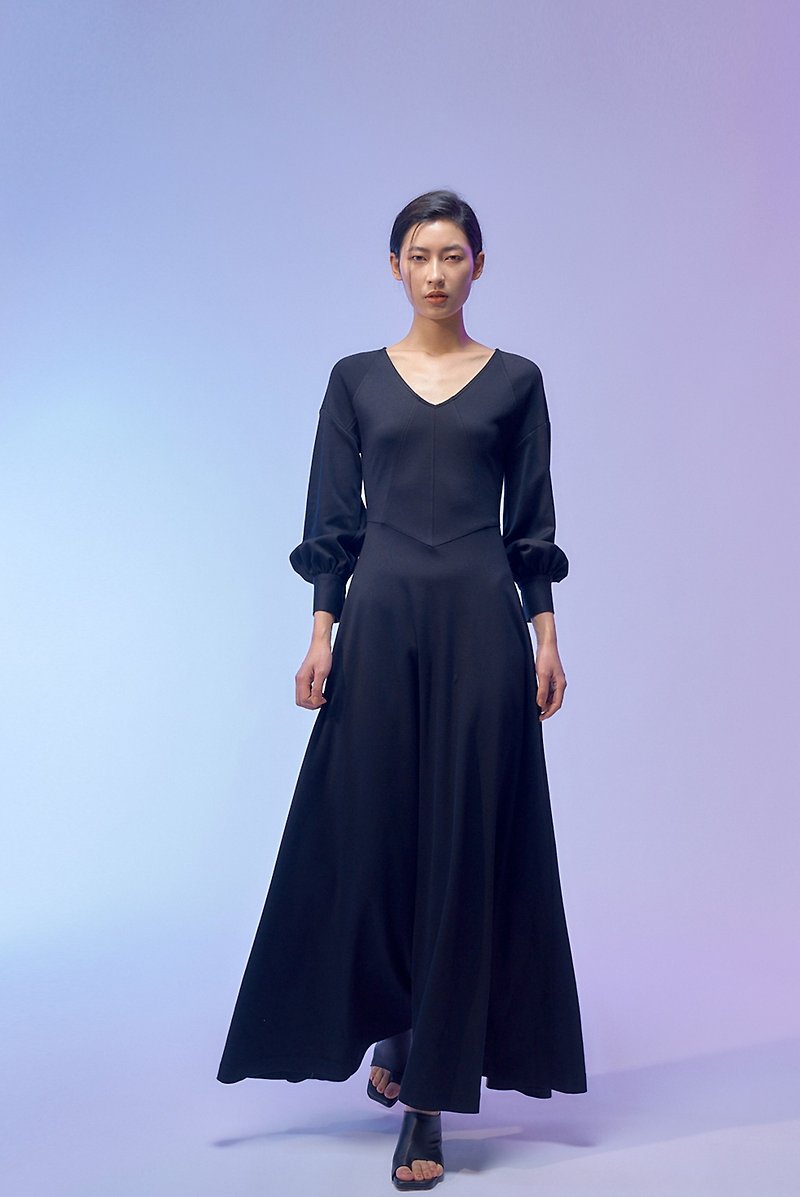 Black Spliced Long Dress - ชุดเดรส - ผ้าฝ้าย/ผ้าลินิน สีดำ
