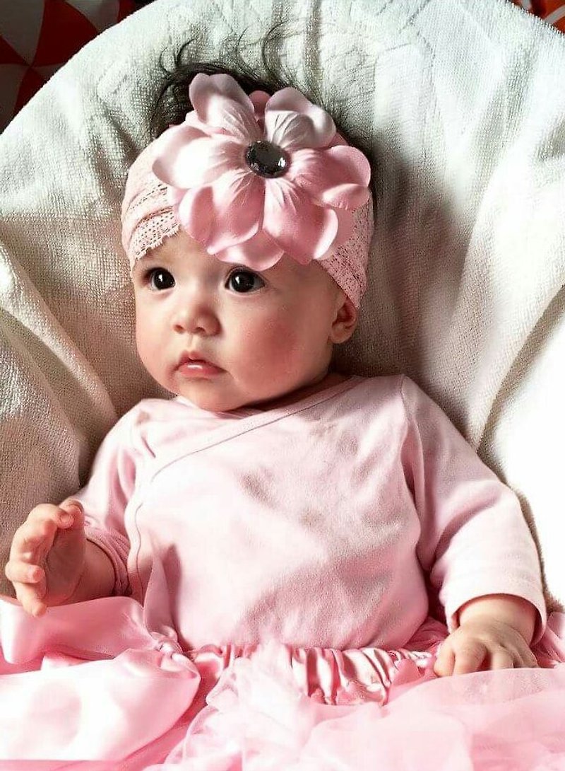 蕾絲花髮飾 - 嬰兒帽子/髮帶 - 棉．麻 粉紅色