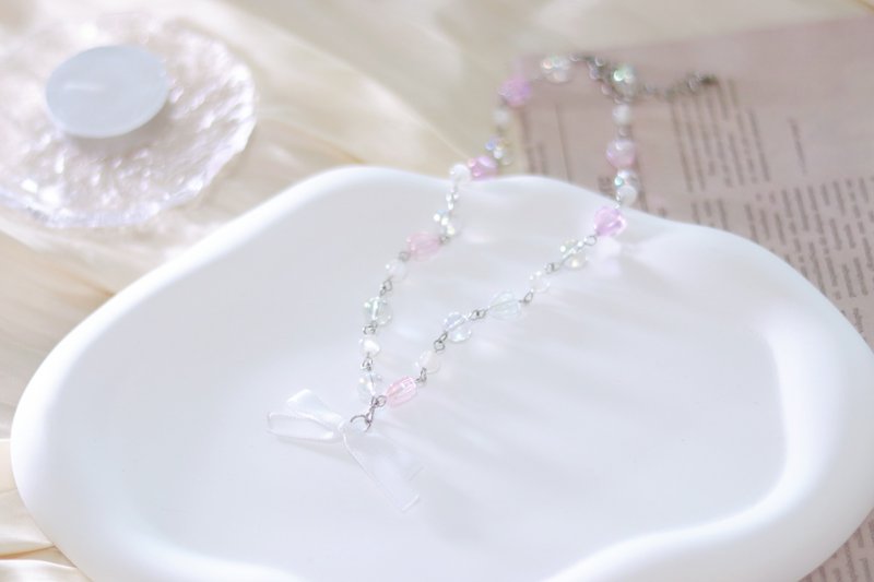 KIRAKIRA丨Love ribbon bow moonstone beaded necklace - สร้อยคอ - เงิน ขาว