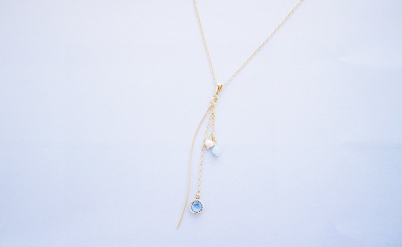 Wave-long chain--metal arc sea sapphire crystal embellished long chain - สร้อยคอ - โลหะ สีน้ำเงิน