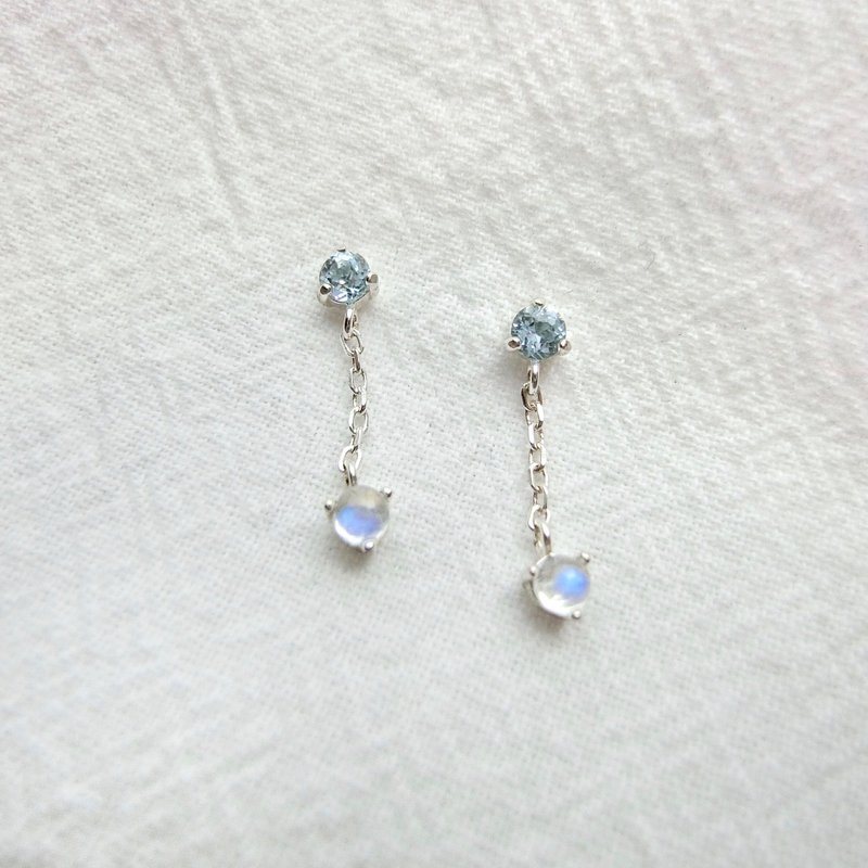 Moonstone Blue Topaz 925 Sterling Silver Double Gem Chain Earrings - ต่างหู - เครื่องเพชรพลอย สีเงิน