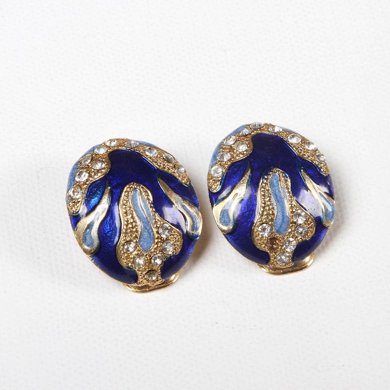 [Egg Plant Vintage]Sea Blue Wave Retro Clip Antique Earrings - ต่างหู - ทองแดงทองเหลือง สีน้ำเงิน