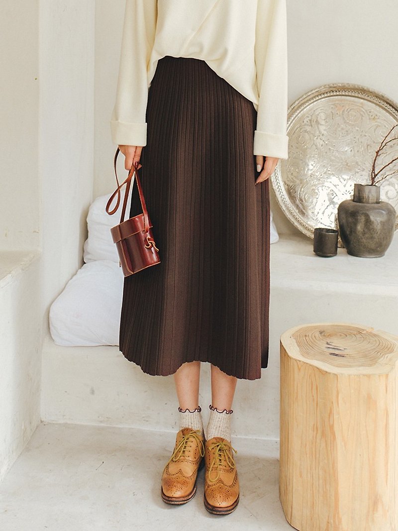 Anne Chen 2018 spring new women's skirt striped knit skirt - กระโปรง - ผ้าฝ้าย/ผ้าลินิน สีนำ้ตาล