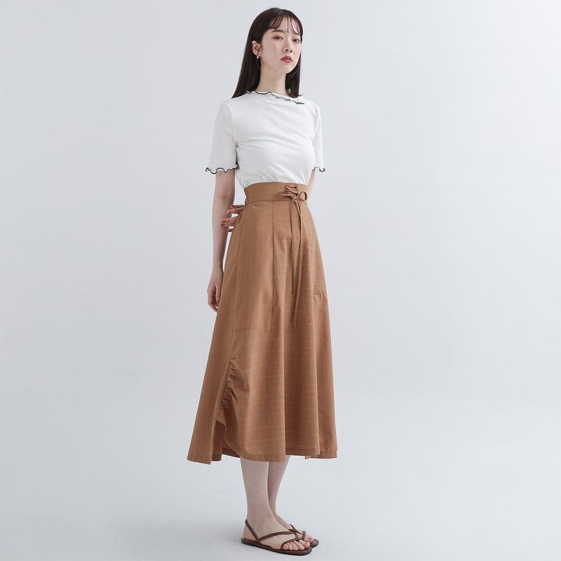 Lihe_離合不對稱裙_22SF201_卡其條 - 裙子/長裙 - 聚酯纖維 多色