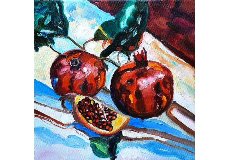 Pomegrnate Painting Original Art Small Impasto Oil Painting Fruit Oil on Canvas - ตกแต่งผนัง - วัสดุอื่นๆ สีแดง