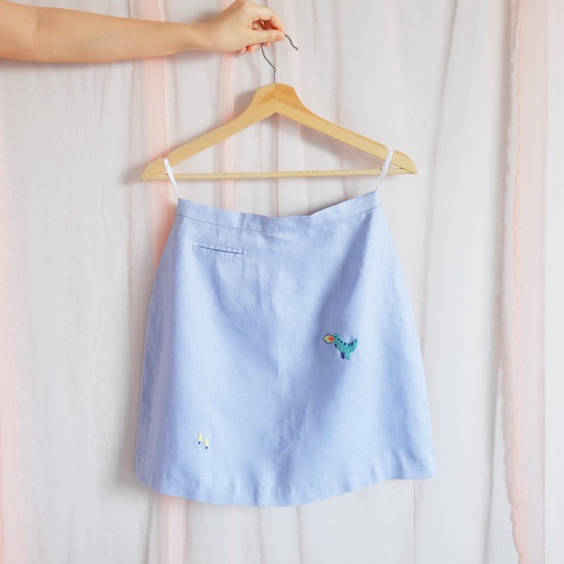 Dino Lilac Linen Skirt - Hand Embroidery - 裙子/長裙 - 棉．麻 紫色
