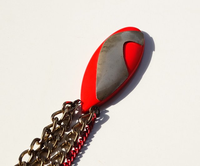 80s Vintage plastic red ×silver parts modern design chain necklace 