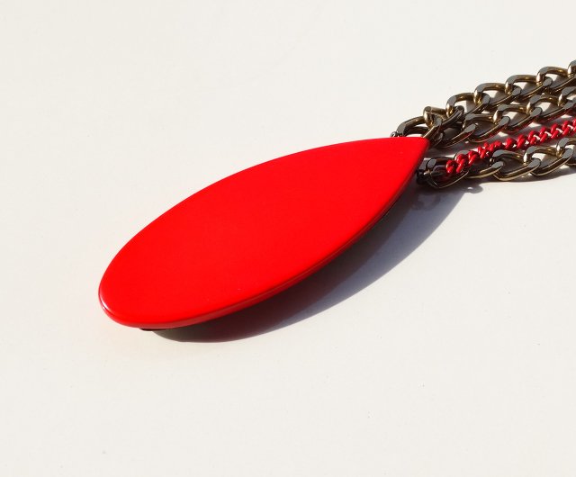80s Vintage plastic red ×silver parts modern design chain necklace 