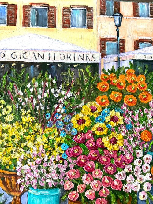 ローマの花市場、油絵、都市景観アート、イタリア絵画、花の