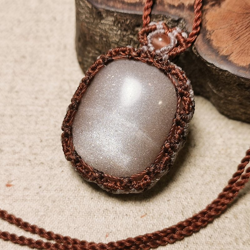 Orange moonstone/star point- Wax thread weaving/totem frame design/adjustable length of necklace - Necklaces - Semi-Precious Stones Khaki
