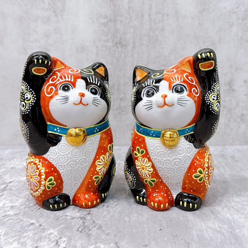 【雙福臨門】日本九谷燒招財貓 |  赤黑華盛 一對 - 擺飾/家飾品 - 瓷 多色