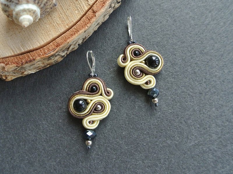 Other Materials Earrings & Clip-ons Gold - 金耳環 Brown Earrings Soutache, bead embroidered earrings, dangle earrings