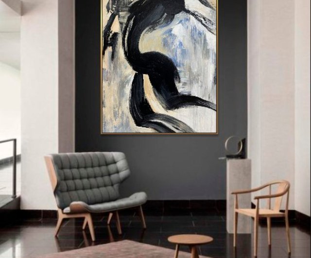 黒と白の抽象油彩画 手作りの黒と白の重厚なテクスチャーの抽象油絵キャンバス 3D 壁